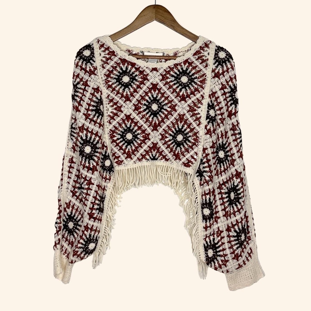 House of Harlow 1960 Crochet Granny Square Fringe Sweater